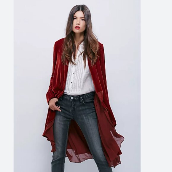 Rare Free People Crushed Velvet Rust Red Swing Coat Duster Jacket Open Front S - Picture 1 of 8